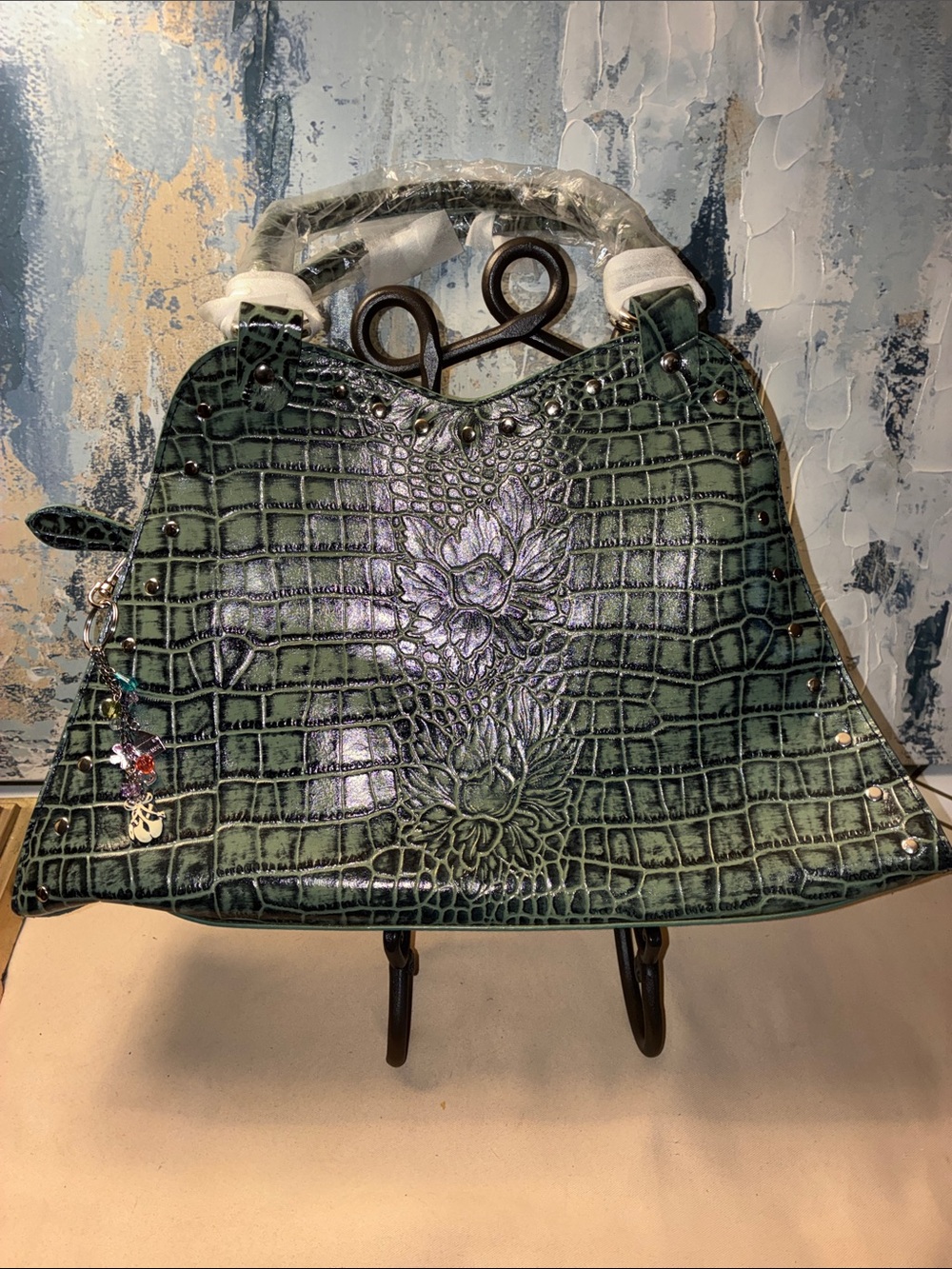 NEW  Charlie Lapson Green Croc-Embossed Floral  Leather Green Satchel